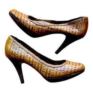 Andrew Geller "Girly" Tan Braided Luggage Women's Heels Stiletto Pumps Sz 7.5